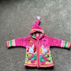 Child’s handmade Peruvian alpaca unicorn theme pink zip sweater Sz 4